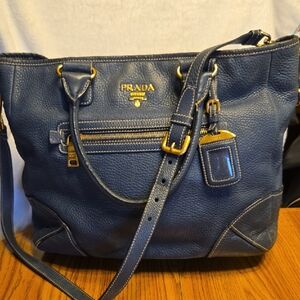 Prada Blue Pebbled Leather Vitello Daino Two Way Handbag